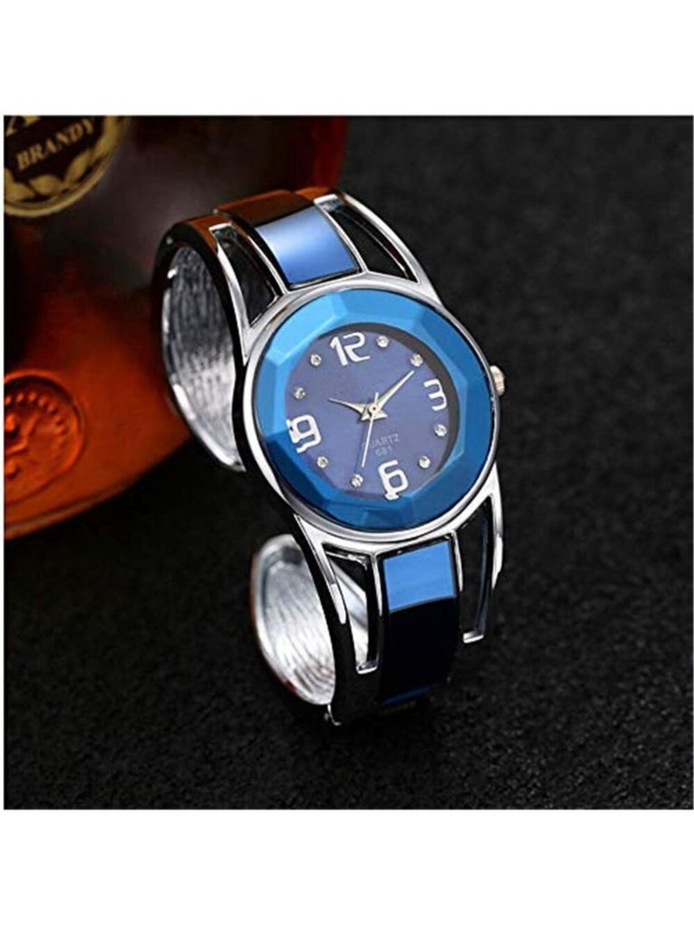 Women's Blue Quartz with Rhinestone Round Dial Stainless Steel Band Cuff Watch - Picture 4 of 7